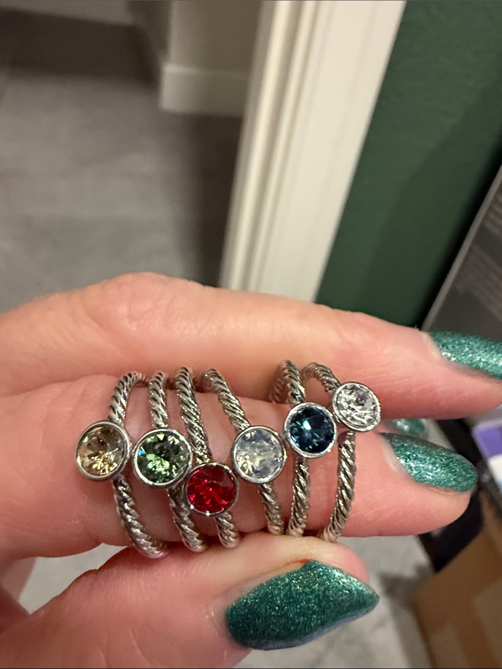 Touchstone Crystal Multi-Color Twisted Silver Stackable Rings - Picture 3 of 10